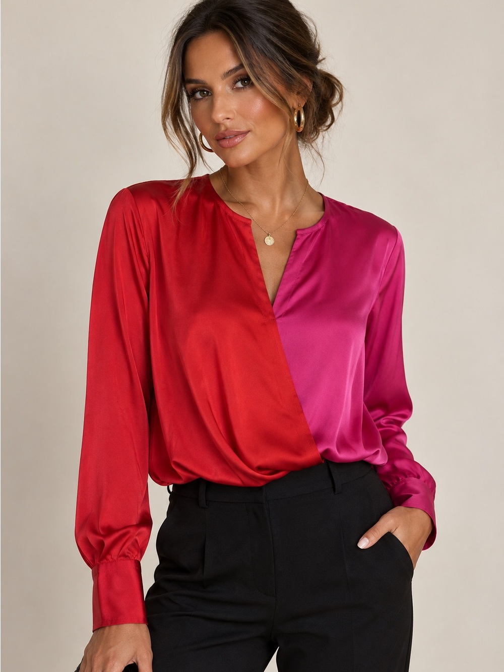 MILLY • NWT two tone pink and red satin blouse